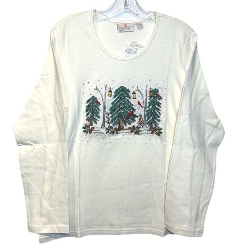 New Quaker Factory Womens Long Sleeve Shirt Snowy Cardinal Christmas Tree Size M